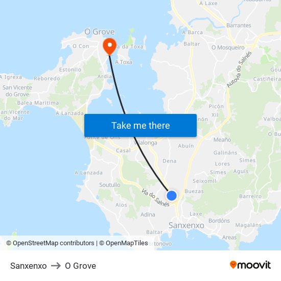 Sanxenxo to O Grove map