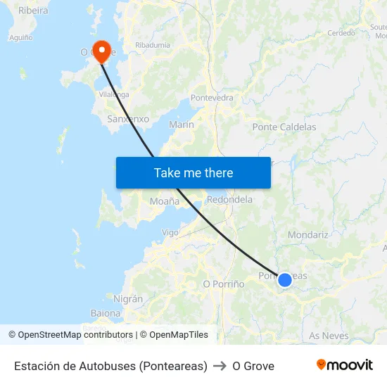 Estación de Autobuses (Ponteareas) to O Grove map