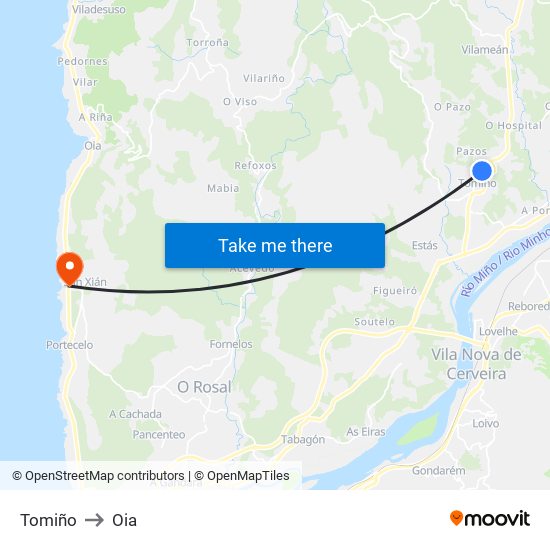 Tomiño to Oia map