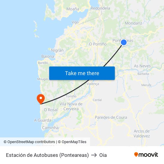 Estación de Autobuses (Ponteareas) to Oia map