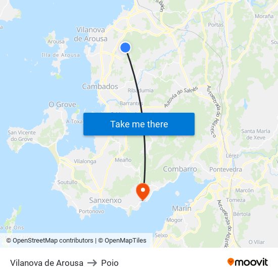 Vilanova de Arousa to Poio map