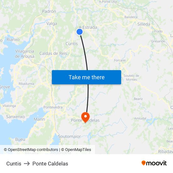 Cuntis to Ponte Caldelas map