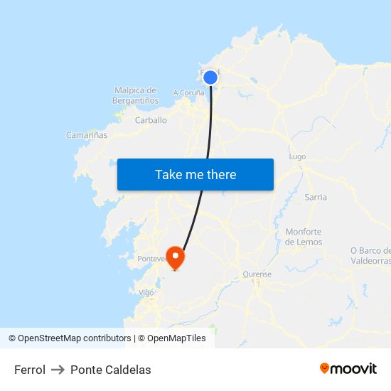 Ferrol to Ponte Caldelas map