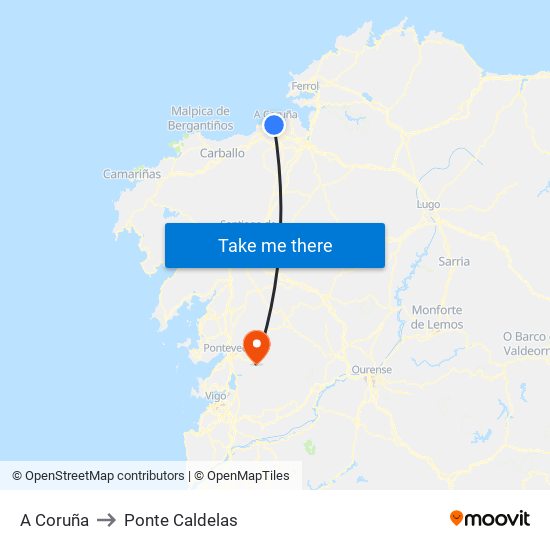 A Coruña to Ponte Caldelas map