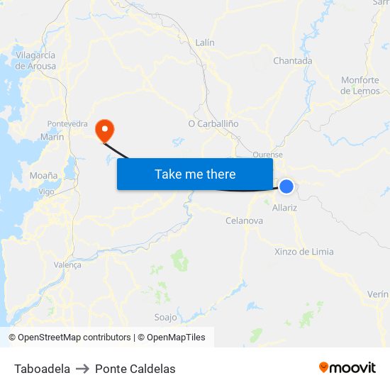 Taboadela to Ponte Caldelas map