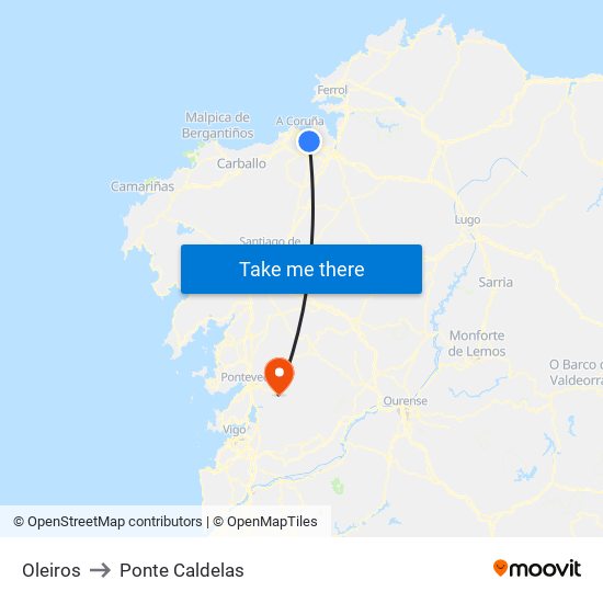 Oleiros to Ponte Caldelas map