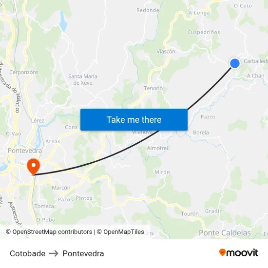 Cotobade to Pontevedra map