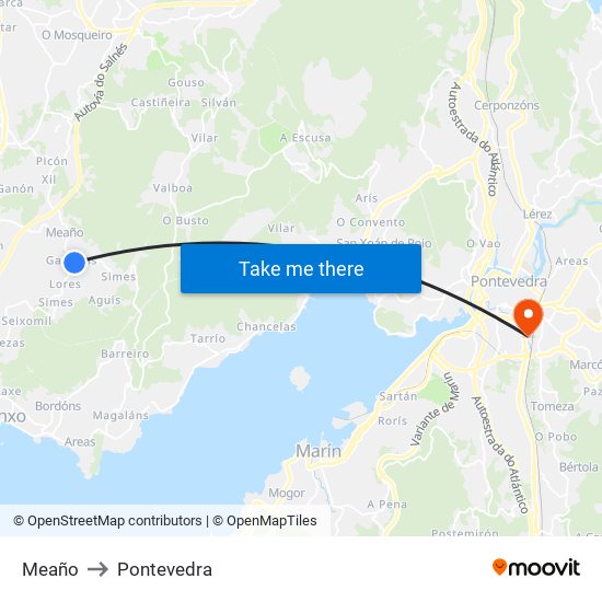 Meaño to Pontevedra map