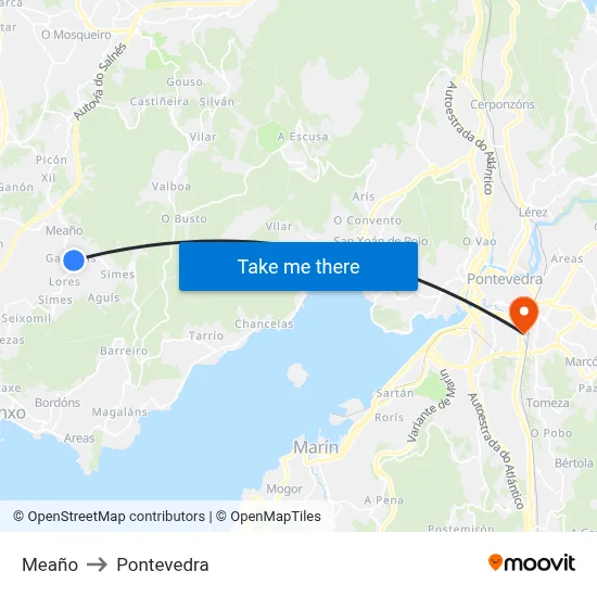 Meaño to Pontevedra map