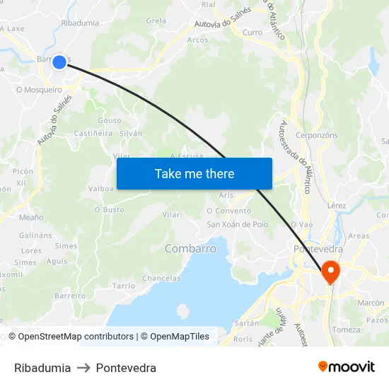 Ribadumia to Pontevedra map
