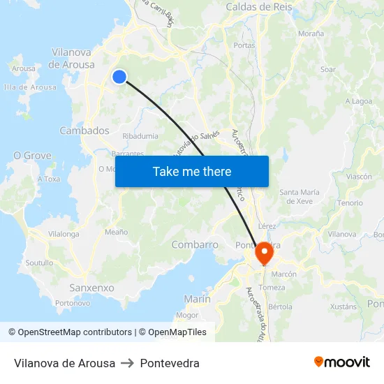 Vilanova de Arousa to Pontevedra map