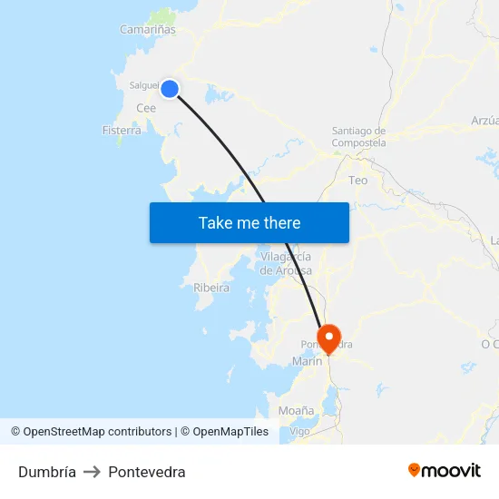 Dumbría to Pontevedra map