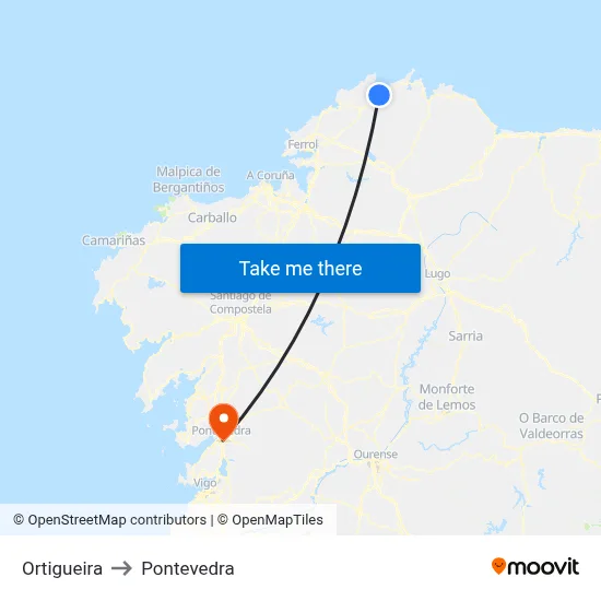 Ortigueira to Pontevedra map