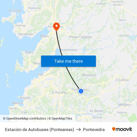 Estación de Autobuses (Ponteareas) to Pontevedra map