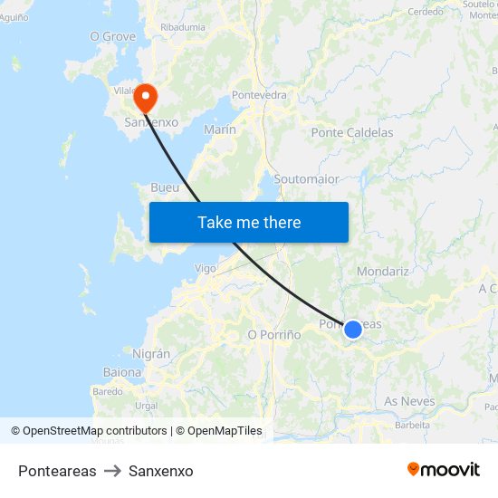 Ponteareas to Sanxenxo map