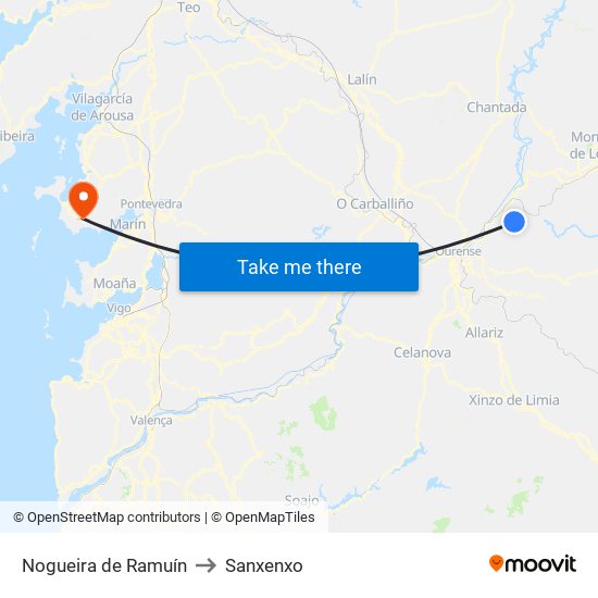 Nogueira de Ramuín to Sanxenxo map
