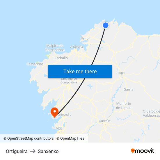 Ortigueira to Sanxenxo map