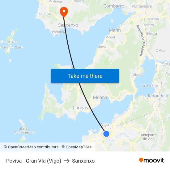 Povisa - Gran Vía (Vigo) to Sanxenxo map