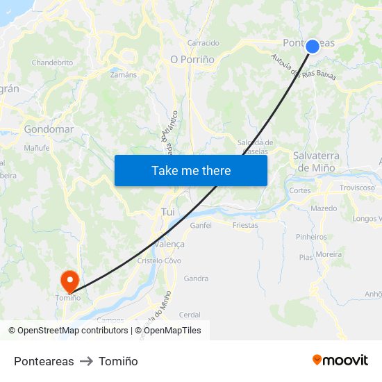 Ponteareas to Tomiño map