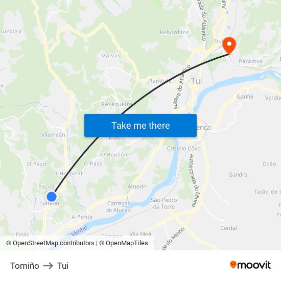 Tomiño to Tui map