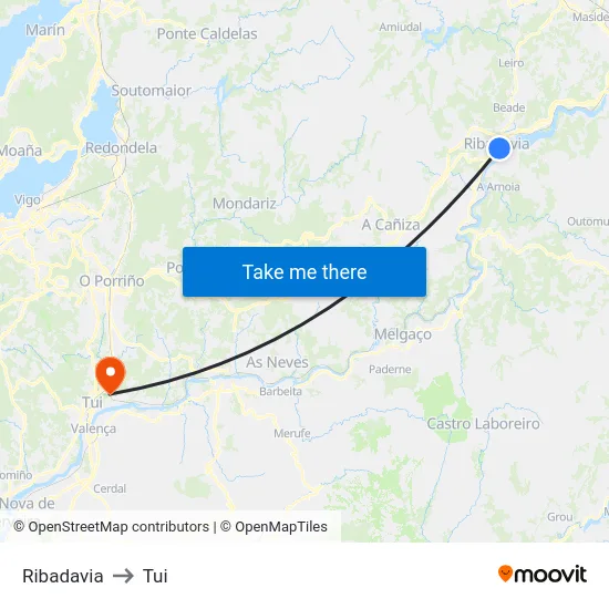 Ribadavia to Tui map