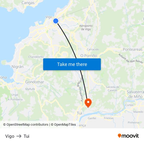 Vigo to Tui map