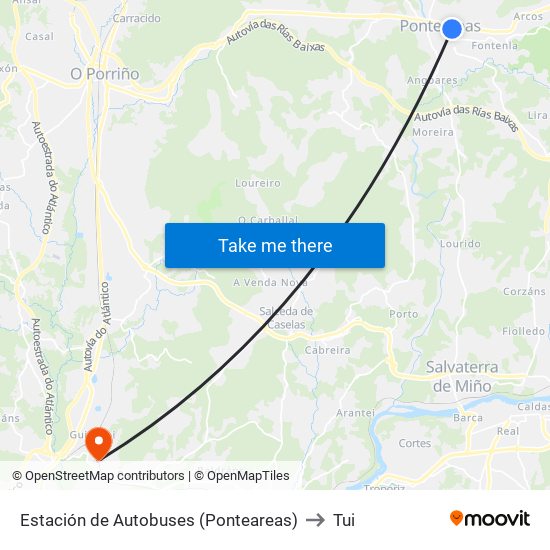 Estación de Autobuses (Ponteareas) to Tui map