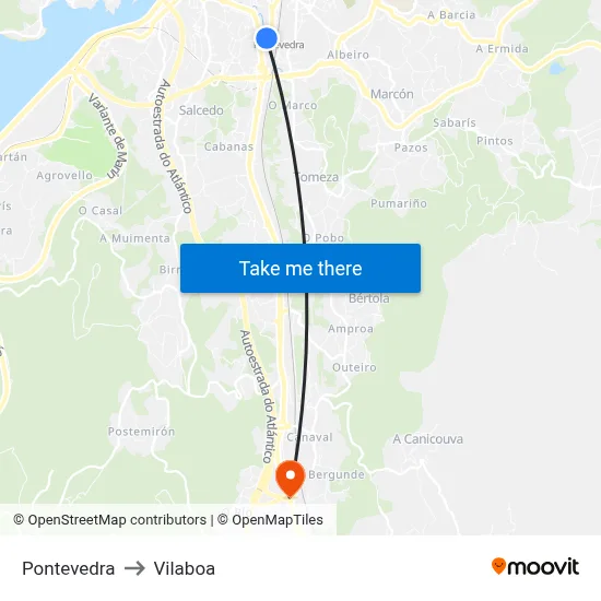 Pontevedra to Vilaboa map