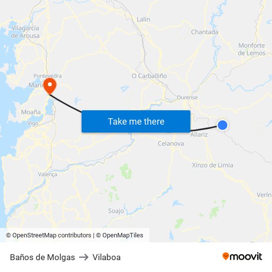 Baños de Molgas to Vilaboa map