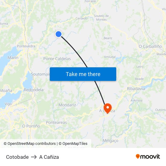 Cotobade to A Cañiza map