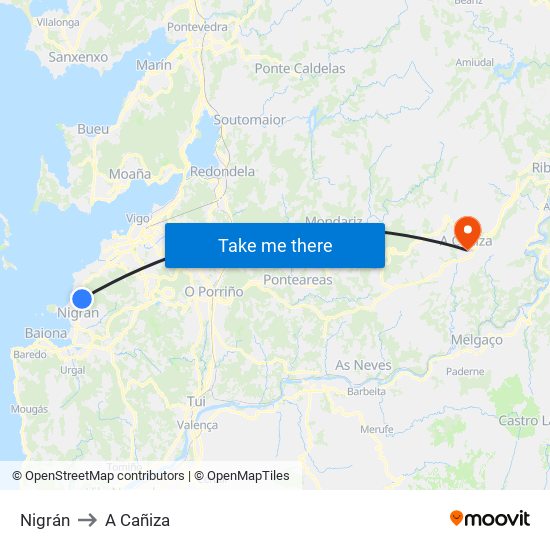 Nigrán to A Cañiza map