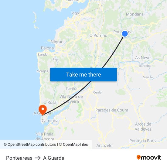 Ponteareas to A Guarda map