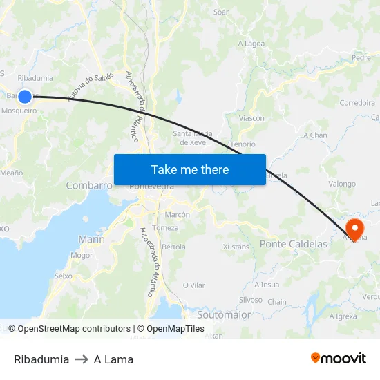 Ribadumia to A Lama map