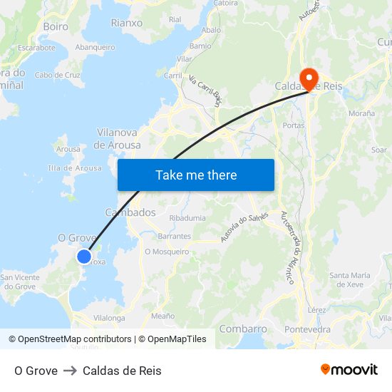 O Grove to Caldas de Reis map
