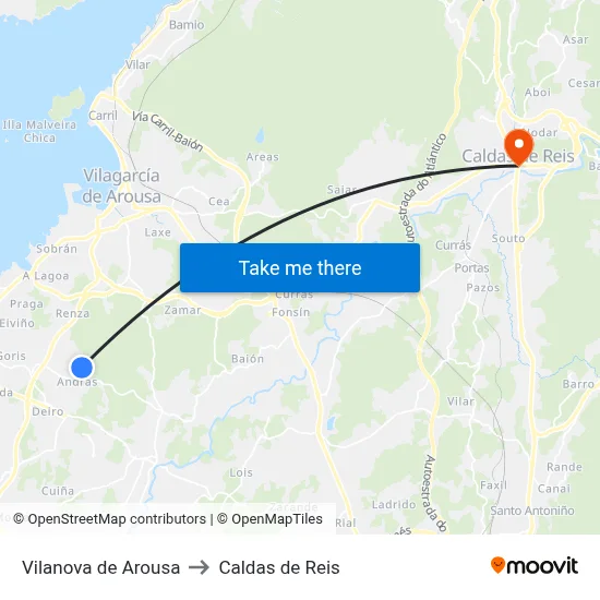 Vilanova de Arousa to Caldas de Reis map