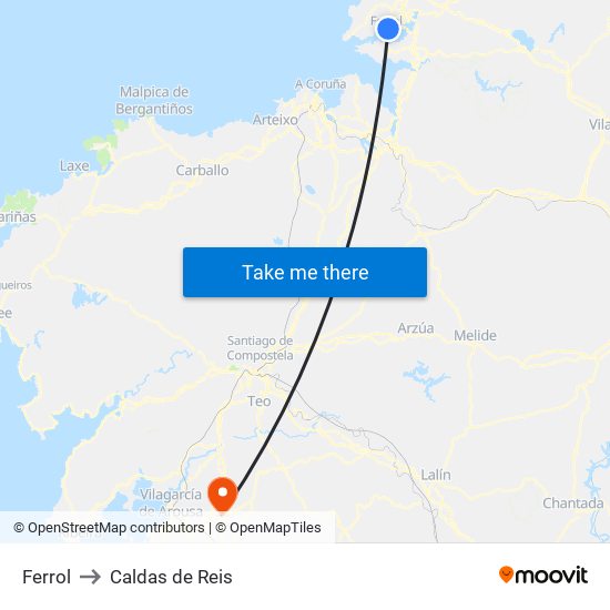 Ferrol to Caldas de Reis map