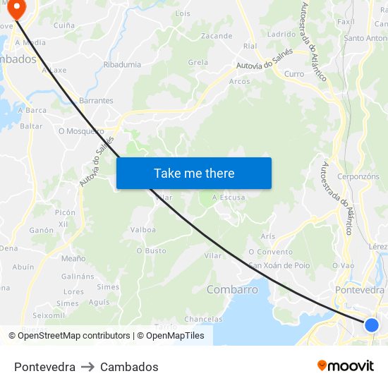 Pontevedra to Cambados map