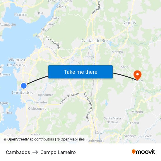 Cambados to Campo Lameiro map