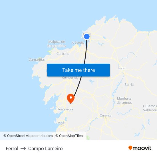 Ferrol to Campo Lameiro map