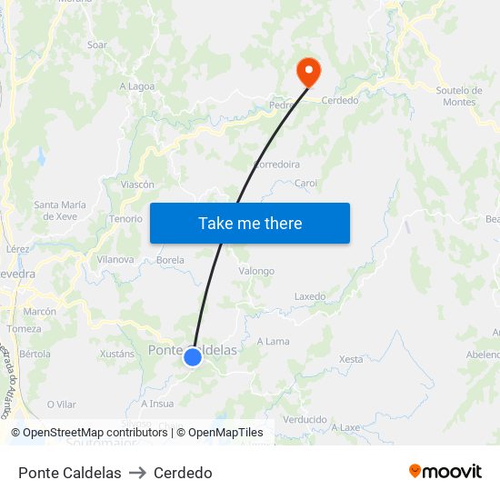 Ponte Caldelas to Cerdedo map