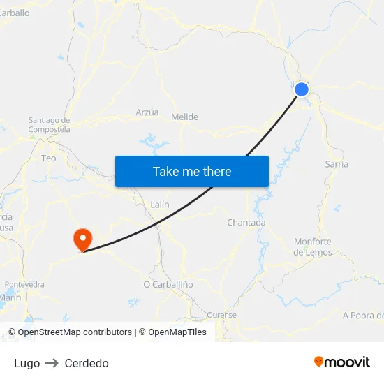 Lugo to Cerdedo map