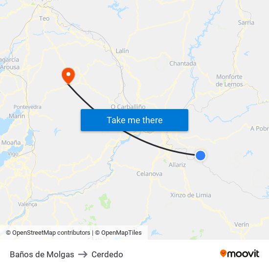 Baños de Molgas to Cerdedo map