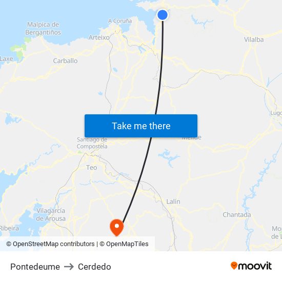 Pontedeume to Cerdedo map