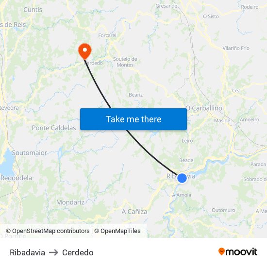 Ribadavia to Cerdedo map