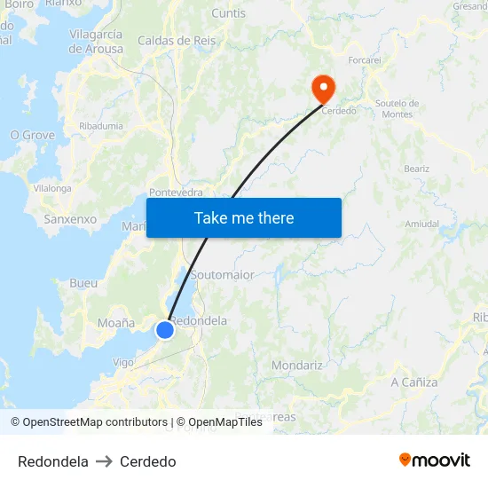 Redondela to Cerdedo map