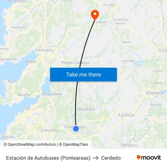 Estación de Autobuses (Ponteareas) to Cerdedo map