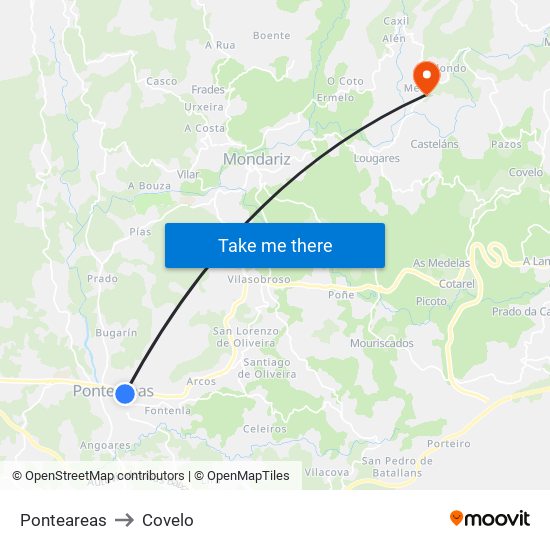 Ponteareas to Covelo map