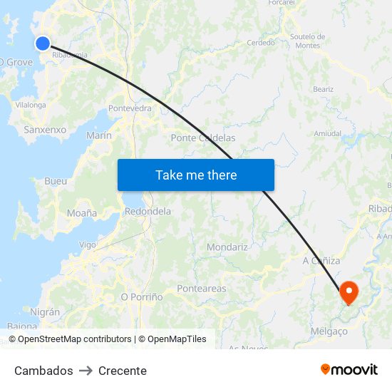 Cambados to Crecente map