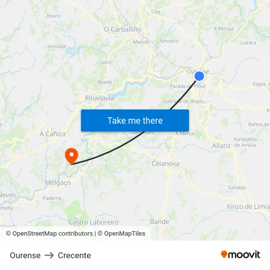 Ourense to Crecente map