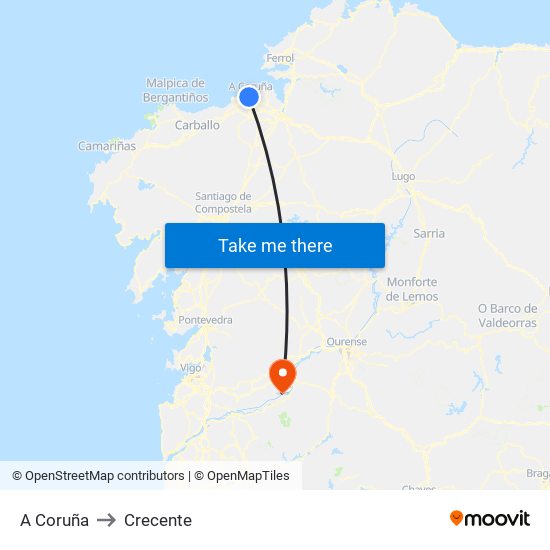 A Coruña to Crecente map